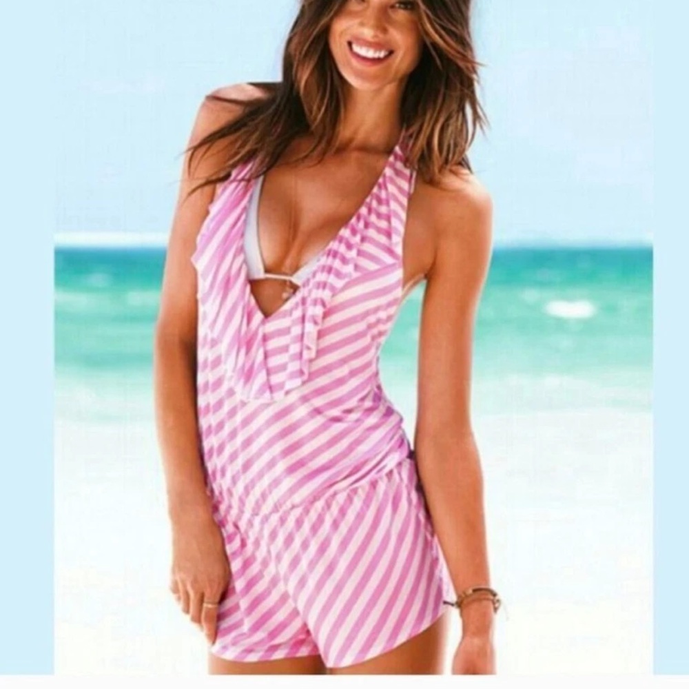 Victoria's‎ Secret beach Romper womens Size M Pink White Striped supper soft